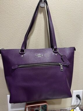 Coach Purple Leather Tote with Front Zip Pocket